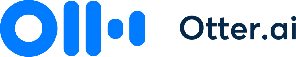The Otter.ai logo displaying a stylized blue “O” composed of vertical bars next to the text “Otter.ai” in dark blue, symbolizing voice transcription and AI-powered meeting notes on a clean white background.