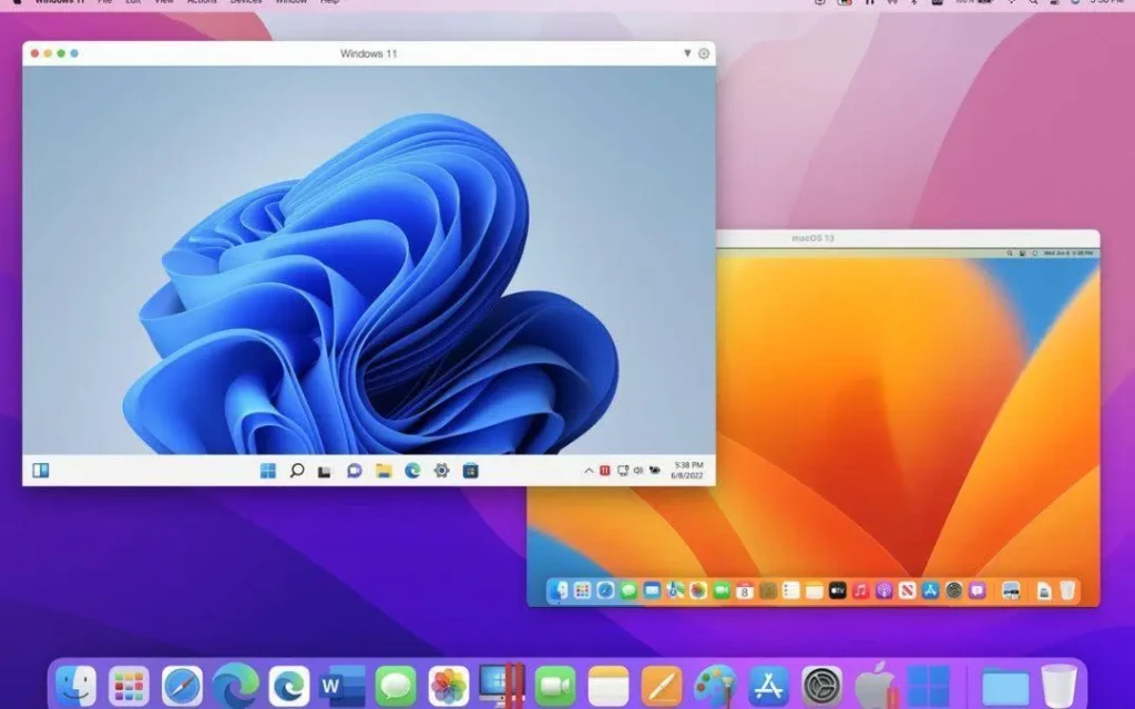 A macOS desktop with two overlapping windows, one showing Windows 11 with its signature blue wave wallpaper, and the other displaying macOS 13 with its orange floral background, demonstrating how users can run Windows as a virtual machine or via Boot Camp alongside their native macOS environment.