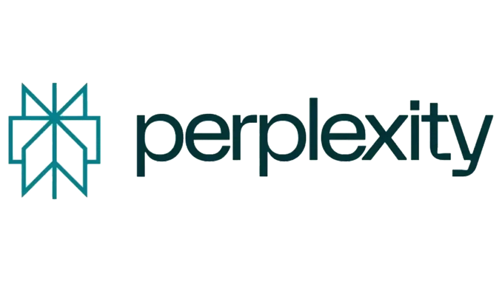 The Perplexity logo showing a geometric teal star-like icon beside the word “perplexity” in dark teal lowercase letters, displayed on a muted green background, emphasizing its AI-powered search and research assistant service.