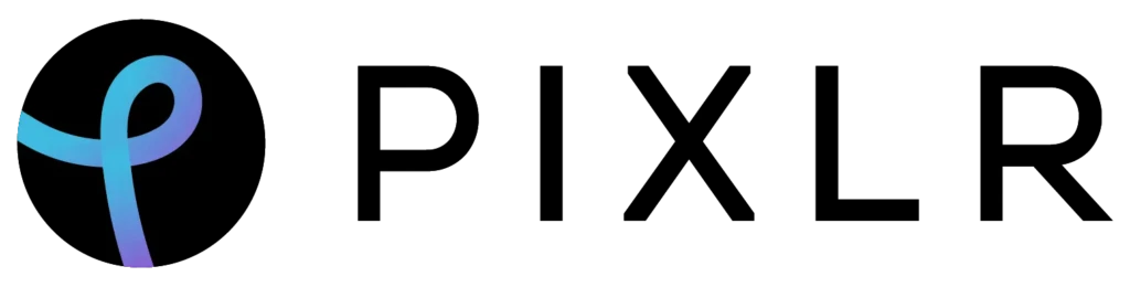 The Pixlr logo featuring a stylized “P” in gradient blue and purple inside a black circle, next to the word “PIXLR” in bold black uppercase letters, representing its cloud-based photo editor for quick, creative image enhancements on any device.