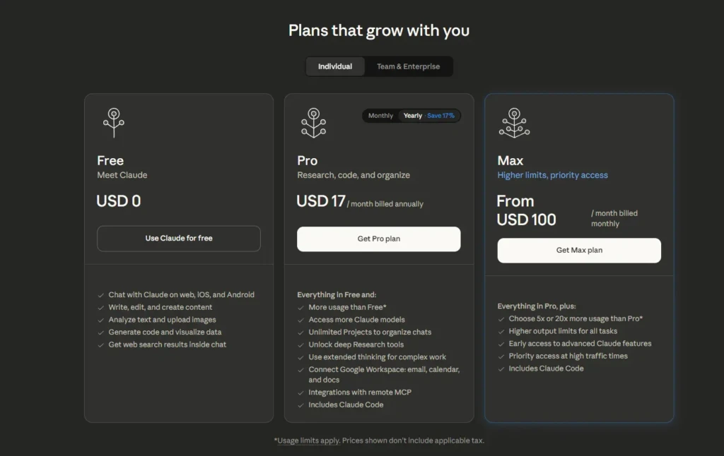 Claude pricing page showing three plans labeled Free Pro and Max with pricing details feature lists and call to action buttons on a dark interface