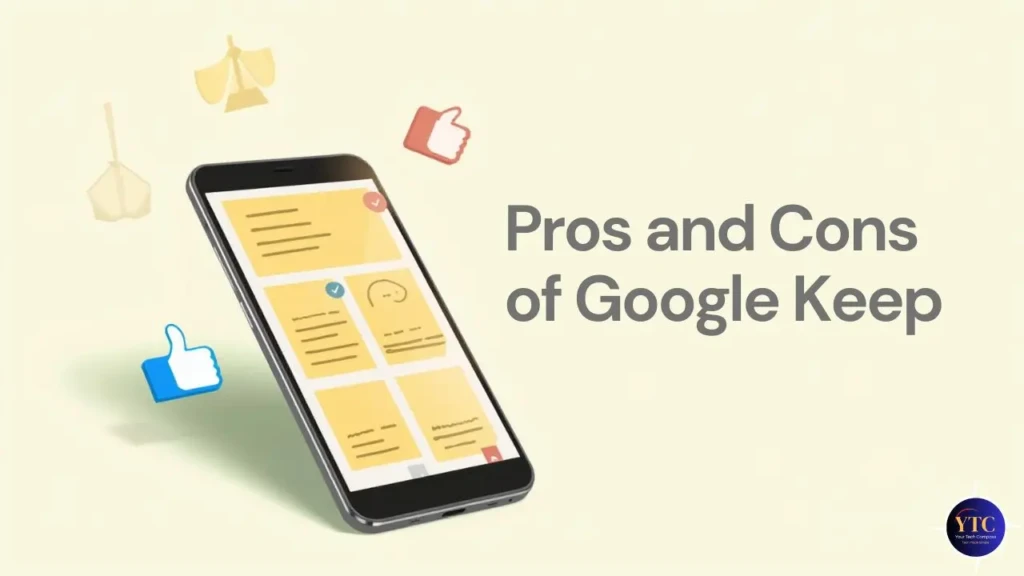 A stylized graphic showing a smartphone displaying Google Keep’s note interface, surrounded by floating thumbs-up icons and decorative elements. Text beside it reads “Pros and Cons of Google Keep,” indicating a review or comparison article focused on the app’s strengths and weaknesses
