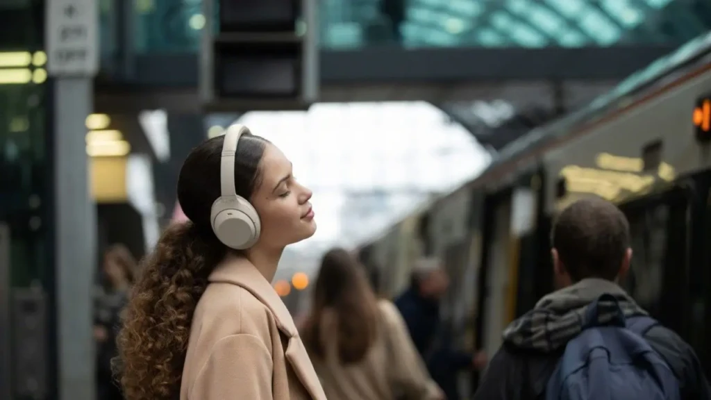 A woman wearing white Sony WH-1000XM4 headphones at a train station, eyes closed in peaceful focus, illustrating noise-canceling performance and immersive audio experience in busy public environments.