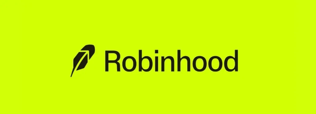 The Robinhood logo featuring a black feather icon beside the word “Robinhood” in bold black text, set against a vibrant lime green background, representing its brand identity as a commission-free investing app for beginners and active traders.