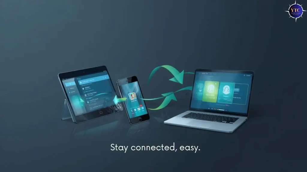 Illustration of a tablet, smartphone, and laptop arranged side by side with glowing arrows flowing between the devices, visually representing contact and data synchronization across platforms, with the text “Stay connected, easy” displayed below on a dark gradient background