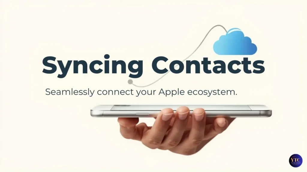 Graphic showing a hand holding a slim smartphone horizontally with a cloud icon above it and curved lines connecting the phone to the cloud, accompanied by the text “Syncing Contacts” and “Seamlessly connect your Apple ecosystem” on a light background