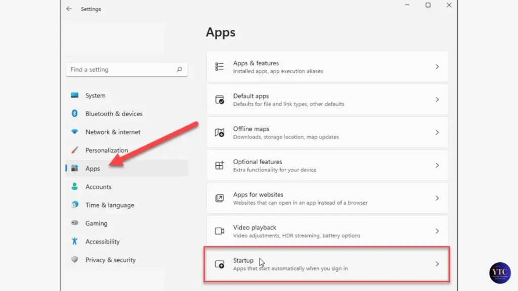 Windows Settings navigation pane with a red arrow pointing to “Apps,” and the “Startup” option highlighted below, guiding users to manage which apps launch automatically when signing in, improving boot efficiency and system control