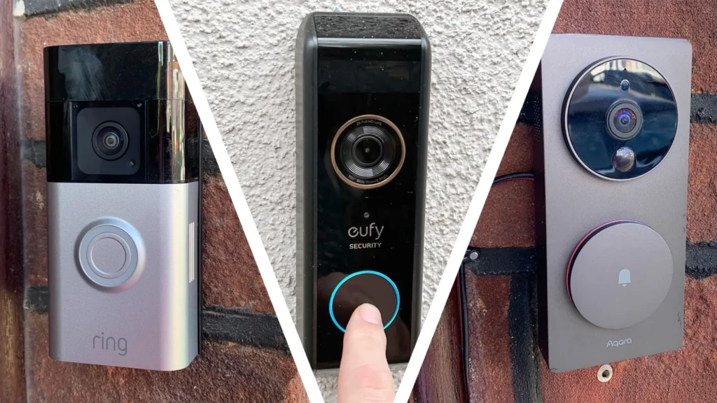 A side-by-side comparison of three popular smart doorbells, Ring, Eufy Security, and Aqara, installed on brick and stucco walls, with a finger pressing the glowing button on the Eufy model, highlighting design differences, branding, and real-world installation across leading brands.