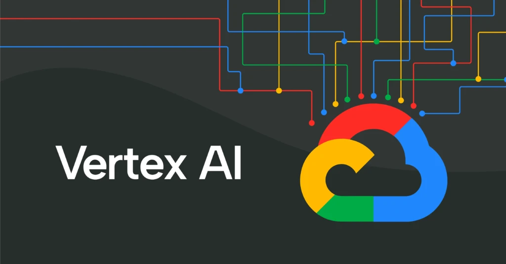 A dark-themed banner displaying “Vertex AI” in bold white text beside the multicolored Google Cloud logo, with colorful circuit-style lines flowing across the top, emphasizing its role as Google’s unified AI and machine learning platform for scalable, cloud-native development.