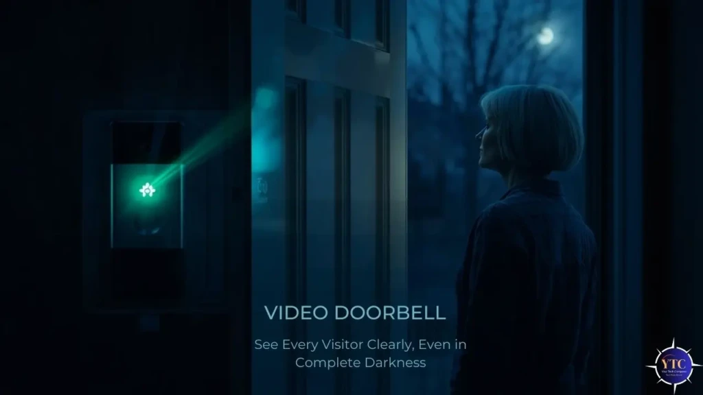 A woman standing indoors at night, viewing a video doorbell’s live feed on a screen as it illuminates the front door with a green light beam, overlaid with text “VIDEO DOORBELL: See Every Visitor Clearly, Even in Complete Darkness,” emphasizing night vision and security in low-light conditions.