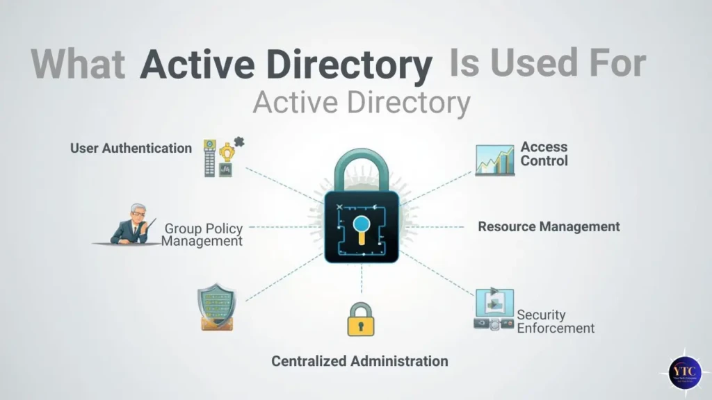 An infographic titled “What Active Directory Is Used For,” displaying a central padlock icon connected to six key functions: User Authentication, Group Policy Management, Centralized Administration, Access Control, Resource Management, and Security Enforcement, visually summarizing its core enterprise capabilities.
