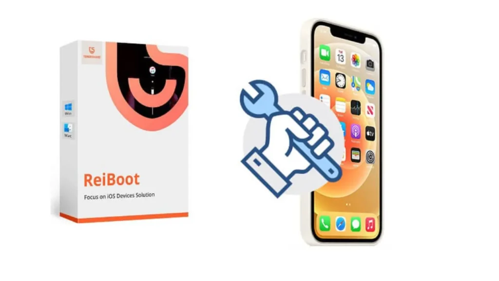 The retail box for Tenorshare ReiBoot next to an iPhone displaying its home screen, overlaid with a hand holding a wrench icon, emphasizing its focus on iOS device solutions for Windows and Mac users through professional-grade repair tools.