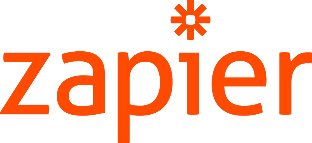 The Zapier logo in bright orange, featuring the word “zapier” in lowercase with a small asterisk above the “i,” set against a black background, representing its automation platform that connects apps and workflows seamlessly.