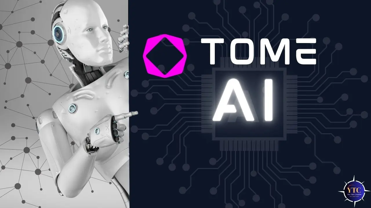 A split-screen graphic featuring a humanoid robot on the left against a networked background, and the “TOME AI” logo on the right, with a pink geometric icon, bold white text, and circuit-board motifs, symbolizing the fusion of human-like intelligence and advanced AI-powered presentation technology.