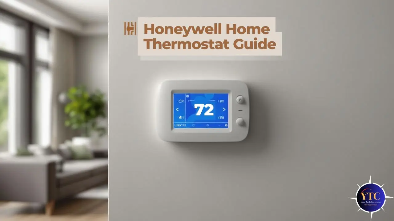 A Honeywell Home thermostat mounted on a light-gray wall with the overlay text “Honeywell Home Thermostat Guide,” displaying “72” on its blue touchscreen; a blurred living room with sofa and plant appears in the background, emphasizing its role in comfortable, connected home environments.