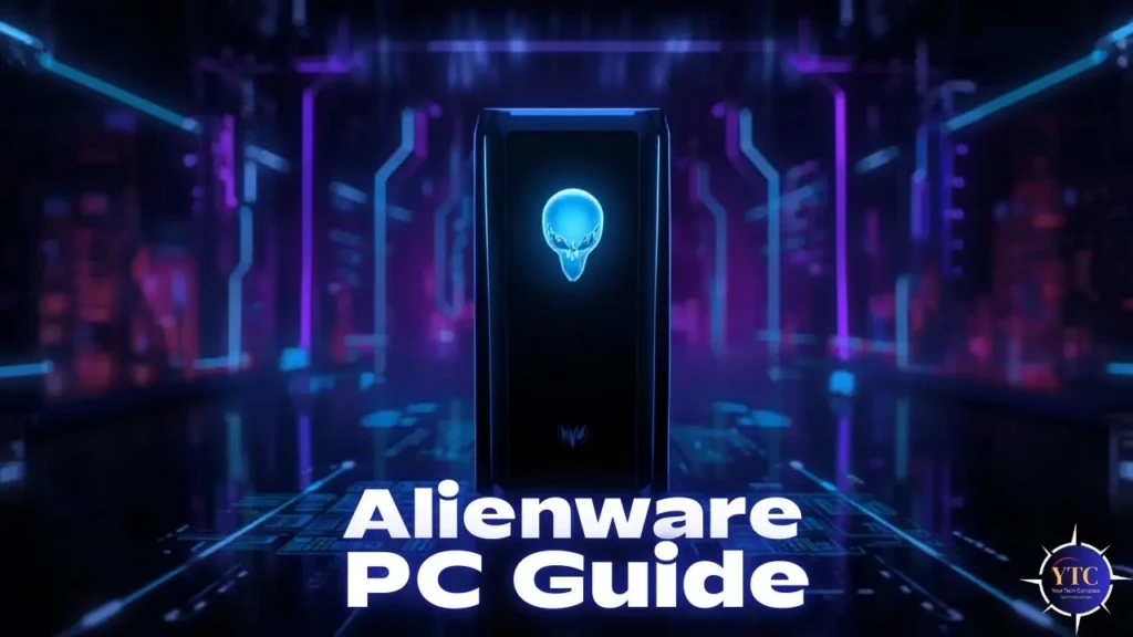 A dramatic promotional render of an Alienware desktop tower centered in a cyberpunk-style corridor with glowing circuit-like pathways, the illuminated blue alien logo on its front, and the overlay text “Alienware PC Guide,” symbolizing cutting-edge performance and immersive tech culture.