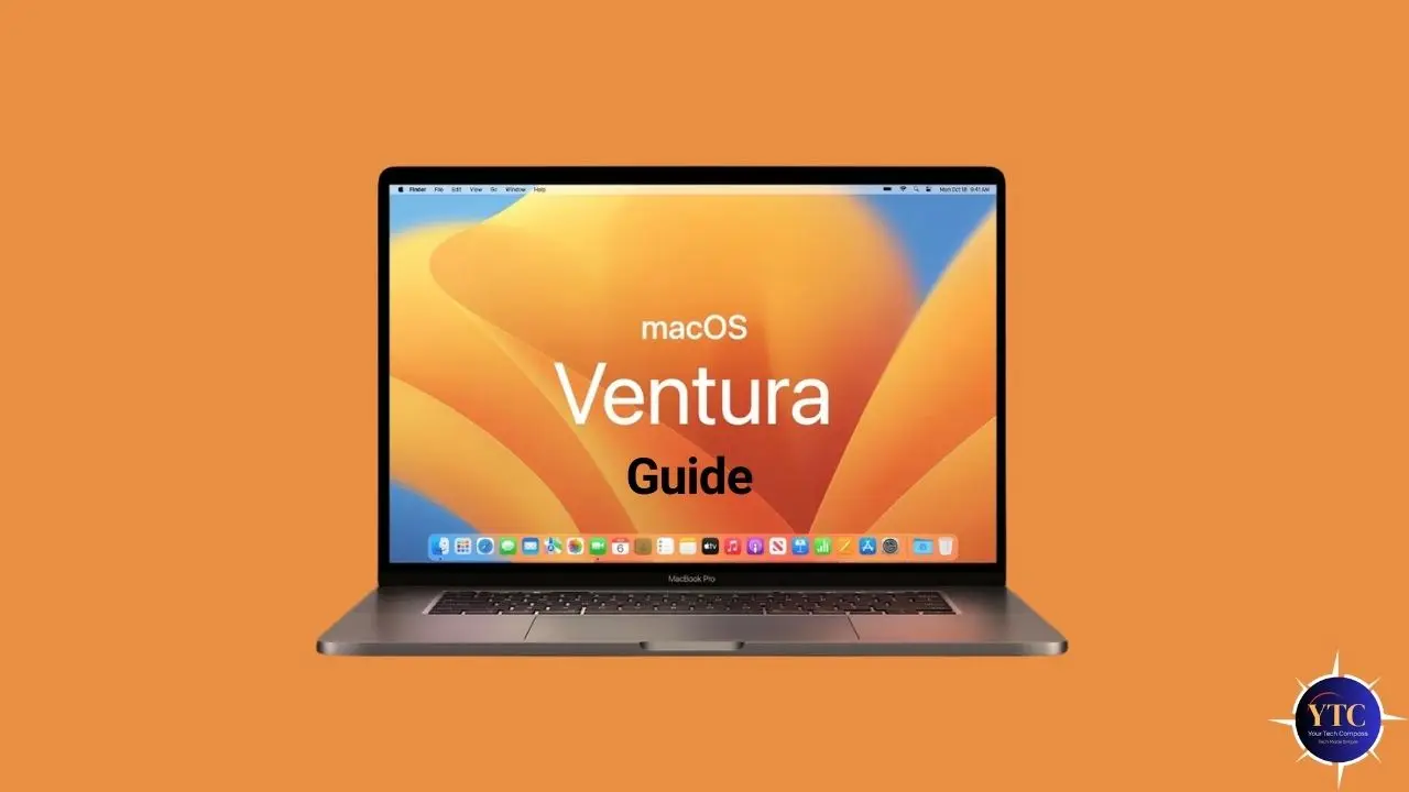 MacBook Pro displaying the "macOS Ventura Guide" on a vibrant orange background, featuring the new macOS interface elements.