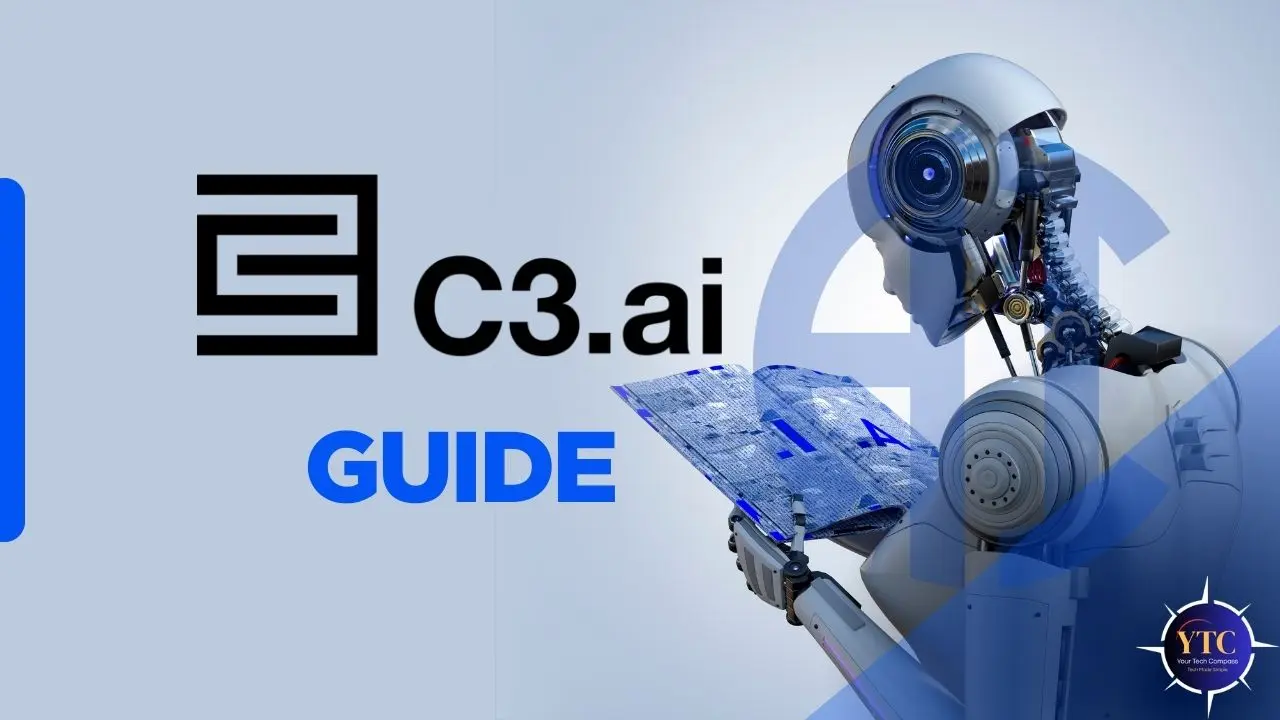 A promotional graphic titled “C3.ai GUIDE,” featuring the C3.ai logo (black stylized ‘E’ icon) alongside a futuristic robot holding a circuit-patterned tablet, set against a light blue background with abstract geometric overlays, symbolizing AI-powered enterprise solutions and intelligent automation.