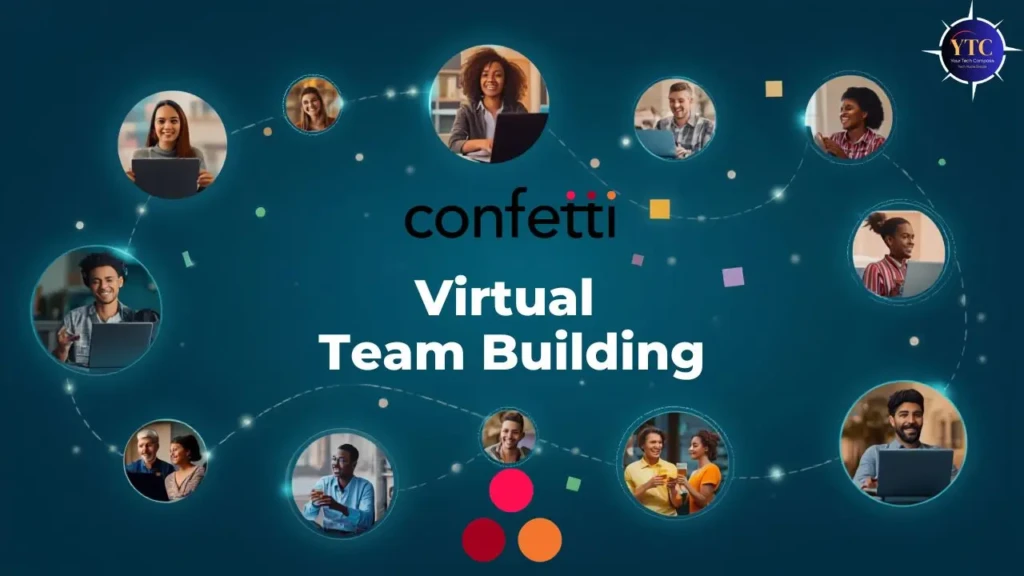 Bright blue background featuring circles of people engaged in virtual team building, with "confetti" logo and event title prominently displayed.