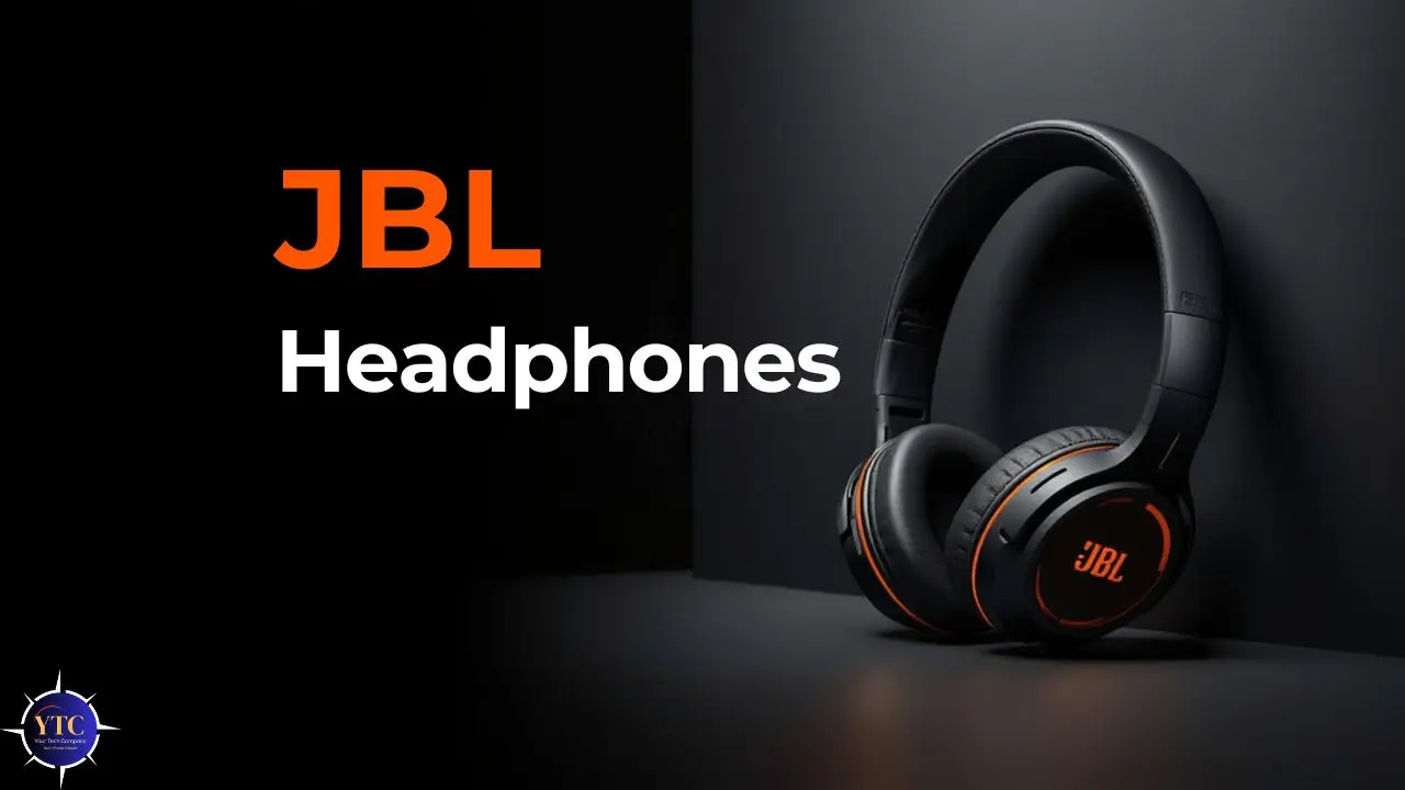 Black JBL headphones with orange accents displayed against a dark background, featuring bold text branding.