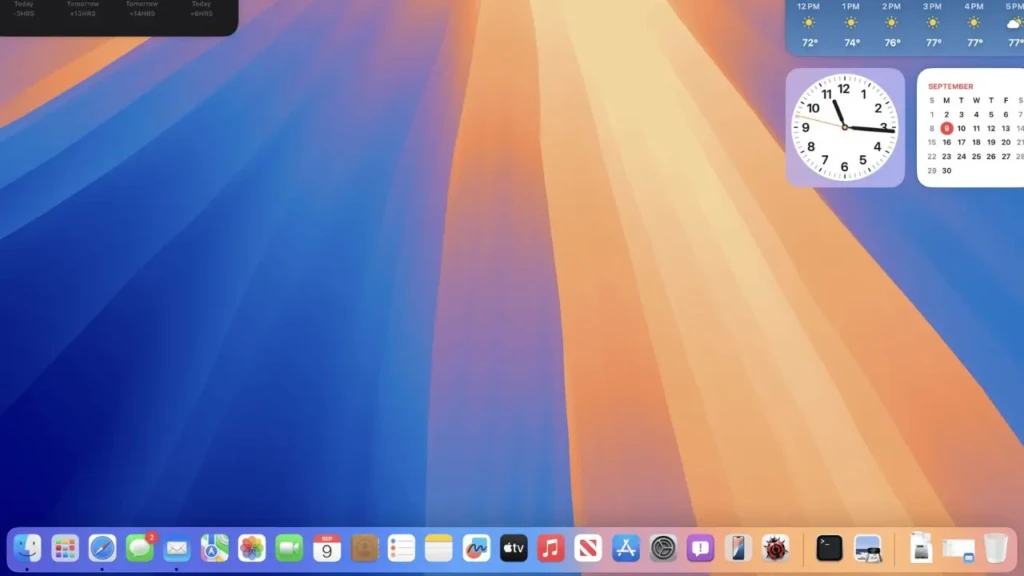 A macOS Sequoia desktop with a flowing orange-and-blue wallpaper, featuring widgets for world clocks (Cupertino, Tokyo, Sydney, Paris), weather (New York: 69°, sunny), analog clock, and September calendar, demonstrating enhanced widget customization and at-a-glance information in the updated interface.
