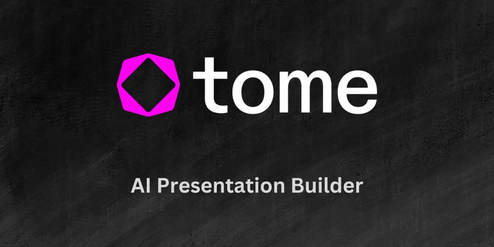 The Tome logo, a vibrant pink hexagonal icon beside the word “tome” in white lowercase letters, centered above the tagline “AI Presentation Builder” on a textured dark gray background, clearly positioning the platform as an intelligent tool for creating presentations.
