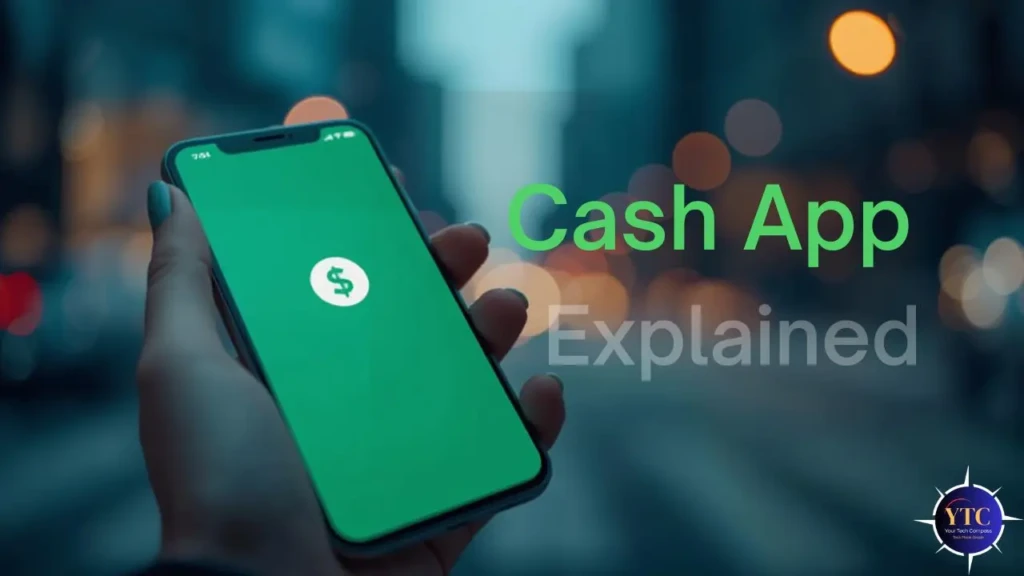 A hand holding a smartphone displaying the green Cash App home screen with its dollar-sign logo, overlaid with the text “Cash App Explained” against a blurred city-night background, introducing an educational overview of the peer-to-peer payment platform.