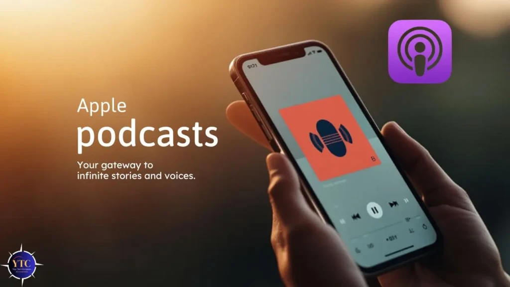 A hand holding an iPhone playing a podcast with the Apple Podcasts logo and tagline “Your gateway to infinite stories and voices,” set against a warm sunset gradient background, promoting the app as a central hub for immersive audio experiences.