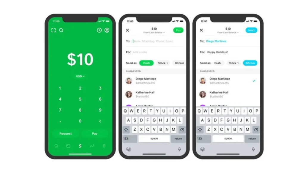 Three iPhone screens demonstrating Cash App’s payment flow: entering $10 on the green keypad, selecting a recipient (e.g., Diego Martinez), and adding a note like “Happy Holidays!” showcasing its intuitive interface for sending cash, stocks, or Bitcoin instantly.