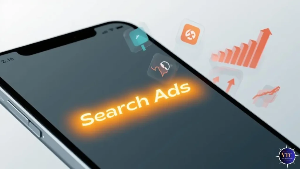 A close-up of an iPhone screen with the glowing orange text “Search Ads” overlaid, surrounded by floating app icons and upward-trending analytics charts, symbolizing performance growth and strategic visibility achieved through Apple’s paid search advertising platform.