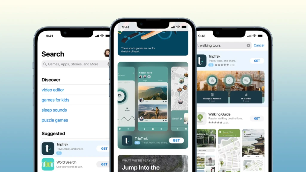 Three modern iPhones displaying different sections of the App Store: the Search tab with “Games, Apps, Stories, and More,” a Discover feed with personalized content, and a TripTrek ad labeled “Ad” under “walking tours” demonstrating how Apple Search Ads blend seamlessly into user journeys across search, discovery, and category browsing.