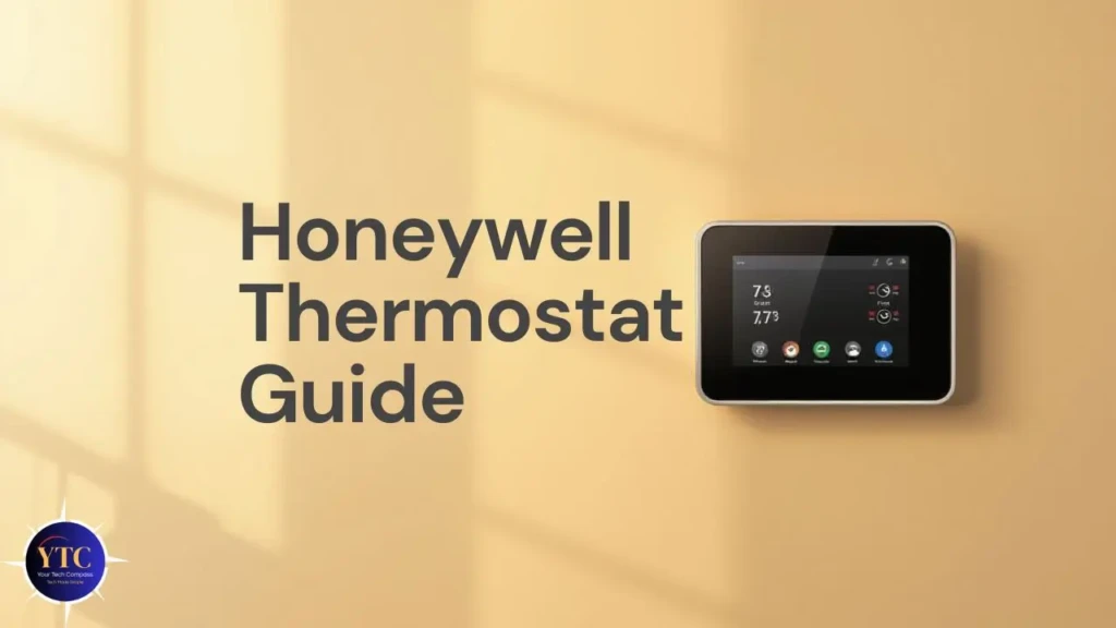 A promotional graphic titled “Honeywell Thermostat Guide,” featuring a sleek modern Honeywell thermostat with a color touchscreen showing temperature (73°F), fan status, and app icons, set against a warm, sunlit wall to convey ease of use and smart home integration.