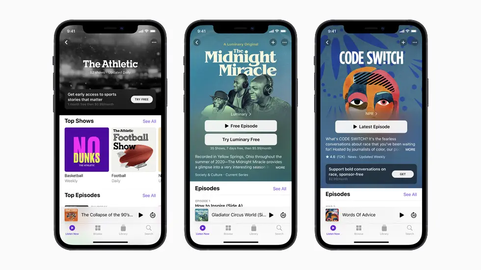 Three iPhones side by side displaying Apple Podcasts app screens: The Athletic (sports), The Midnight Miracle (Luminary original), and Code Switch (NPR), highlighting diverse show formats, subscription options, and episode discovery features within the app.