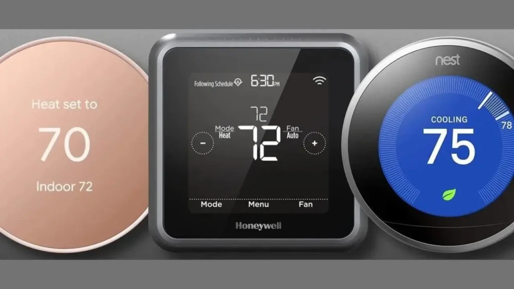 Three thermostats displayed: a Honeywell model showing 72°F with heating mode, and two smart thermostats set to 70°F and 75°F.