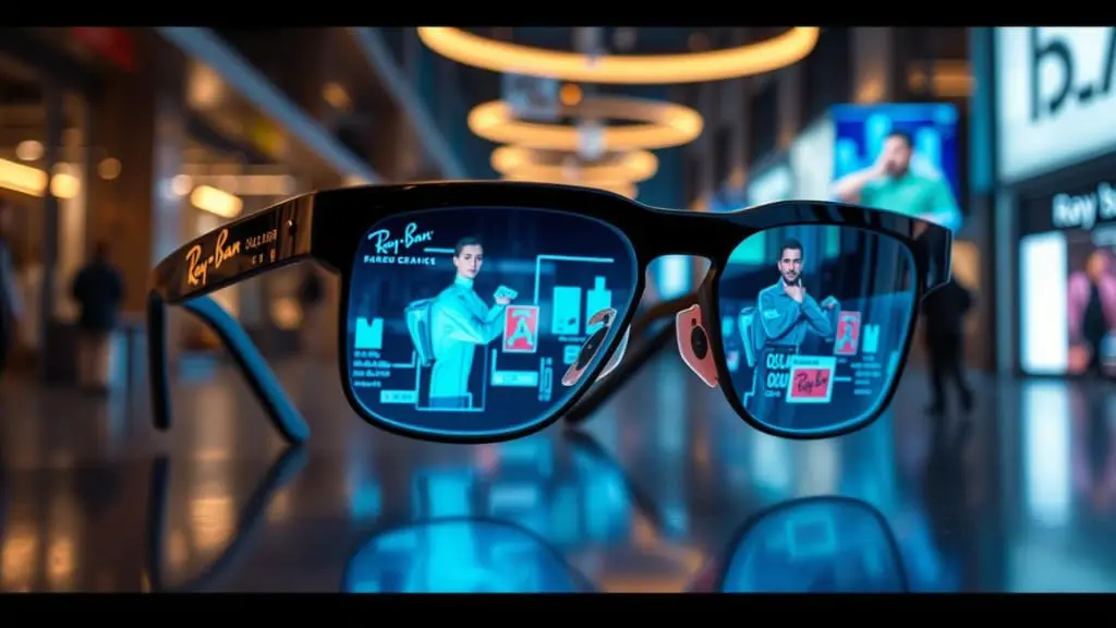 Ray-Ban Meta smart glasses resting on a reflective surface in a modern retail setting, with both lenses showing dynamic AR interfaces, one featuring a product demo and the other a user profile, emphasizing brand collaboration and immersive smart functionality.