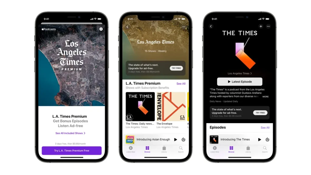 Three iPhones showing Apple Podcasts interfaces for Los Angeles Times Premium, The Times (daily news), and The Times podcast, emphasizing premium subscriptions, ad-free listening, and curated news content from major publishers.