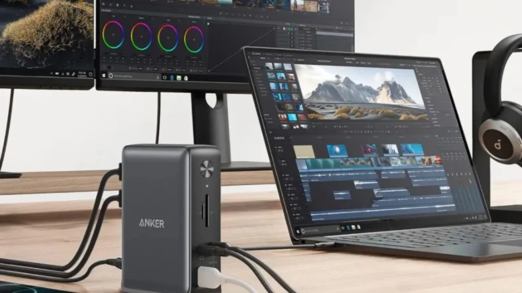 A professional creative workstation featuring a black Anker docking station connected to a laptop running video editing software, dual external monitors displaying color grading and timeline interfaces, and a pair of over-ear headphones, illustrating high-performance connectivity and multitasking capability for content creators.