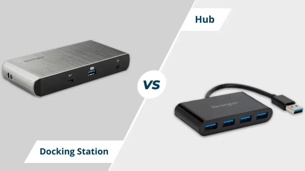 A comparison of a Kensington docking station on the left and a USB hub on the right, showcasing their designs and functionalities.