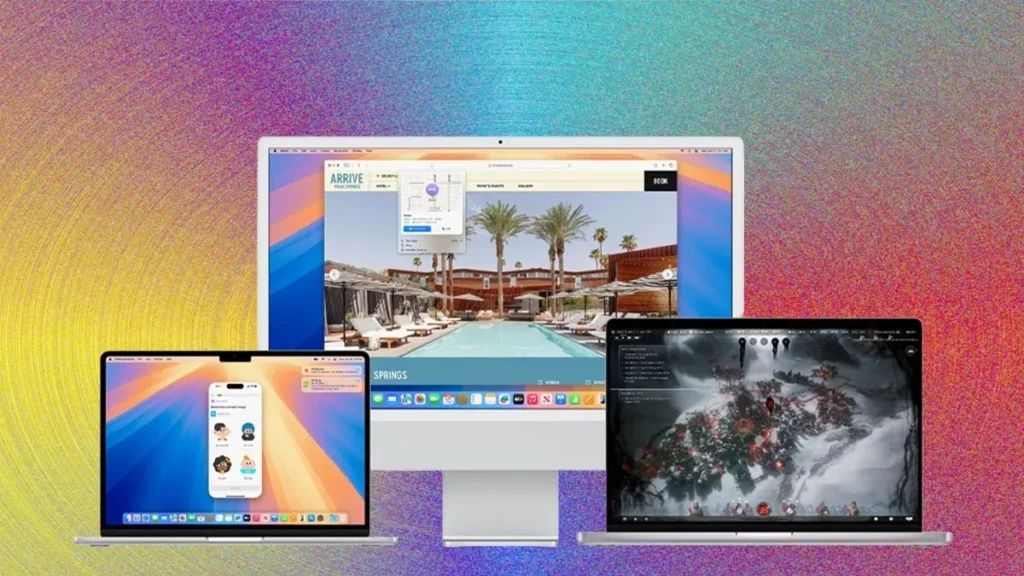 A dynamic collage of three Apple devices, iMac, MacBook, and MacBook Pro, against a colorful gradient backdrop, each showing distinct Sequoia interfaces (website, iPhone mirroring, gaming), emphasizing versatility, performance, and visual cohesion across the Mac lineup.