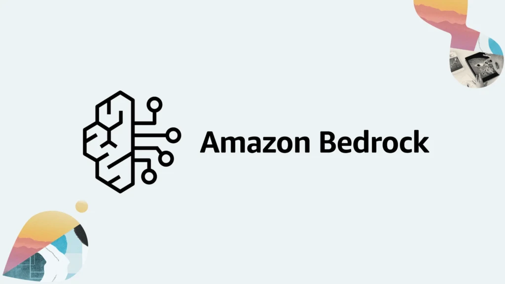 A minimalist graphic featuring the text “Amazon Bedrock” beside a line-art icon of a brain connected to circuit nodes, with abstract colorful shapes in the corners, emphasizing Amazon Bedrock as a foundational service for building and scaling generative AI applications.
