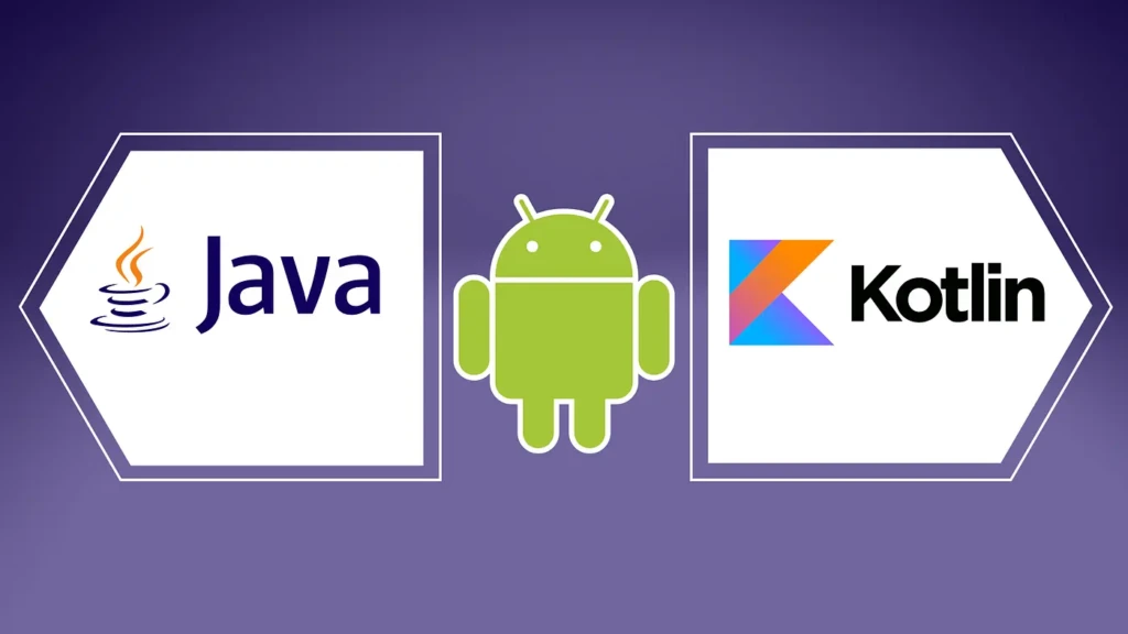 A purple background graphic showing the Java logo (coffee cup) in a left-pointing hexagon, the green Android robot in the center, and the Kotlin logo (multicolor “K”) in a right-pointing hexagon, visually representing the evolution from Java to Kotlin as primary languages for Android development.