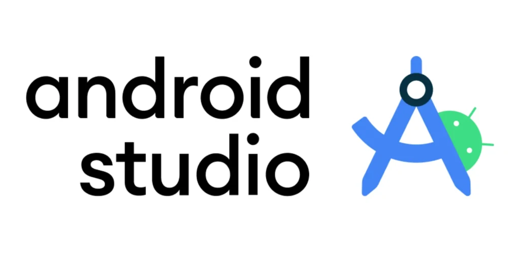 The official Android Studio logo: the text “android studio” in lowercase black font next to the blue Android developer tools icon (a compass) overlapping the green Android robot, representing the unified branding of Google’s official IDE for Android app development.