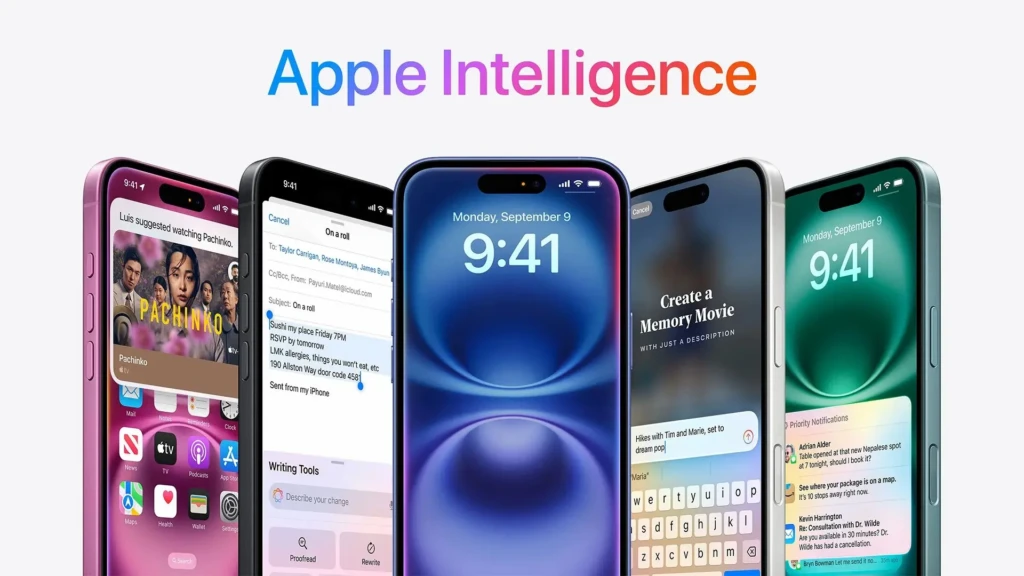 A lineup of five iPhones under the headline “Apple Intelligence,” showcasing AI-powered features: TV app suggestions, email drafting with context-aware replies, a dynamic Lock Screen, memory movie creation from a description, and priority notifications, emphasizing on-device intelligence across core apps.