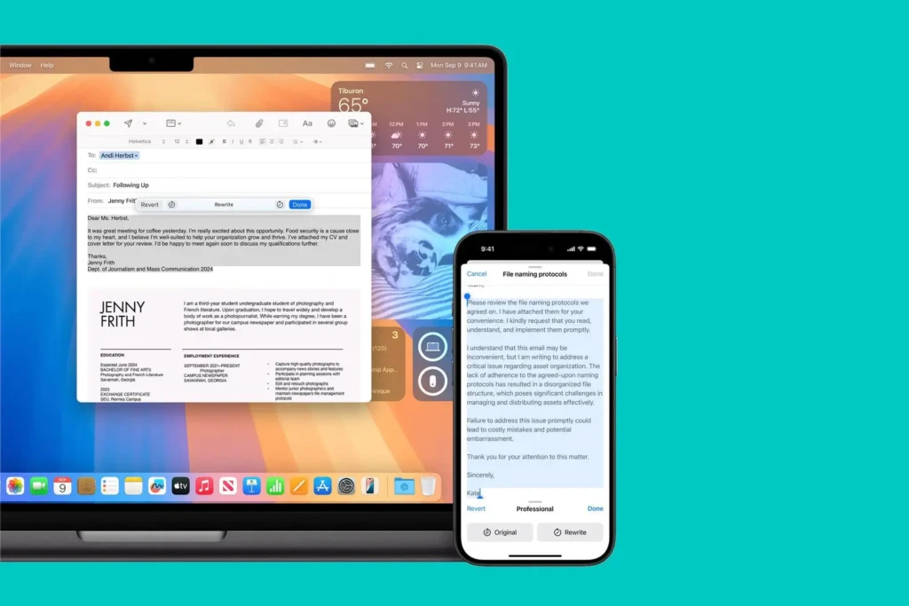 A split-screen view of a MacBook and iPhone against a teal background: the Mac displays an email draft in Mail with AI-powered “Revert” and “Rewrite” suggestions, while the iPhone shows a similar email with “Professional” and “Original” rewrite options, illustrating cross-device AI-assisted writing in macOS Sequoia and iOS.