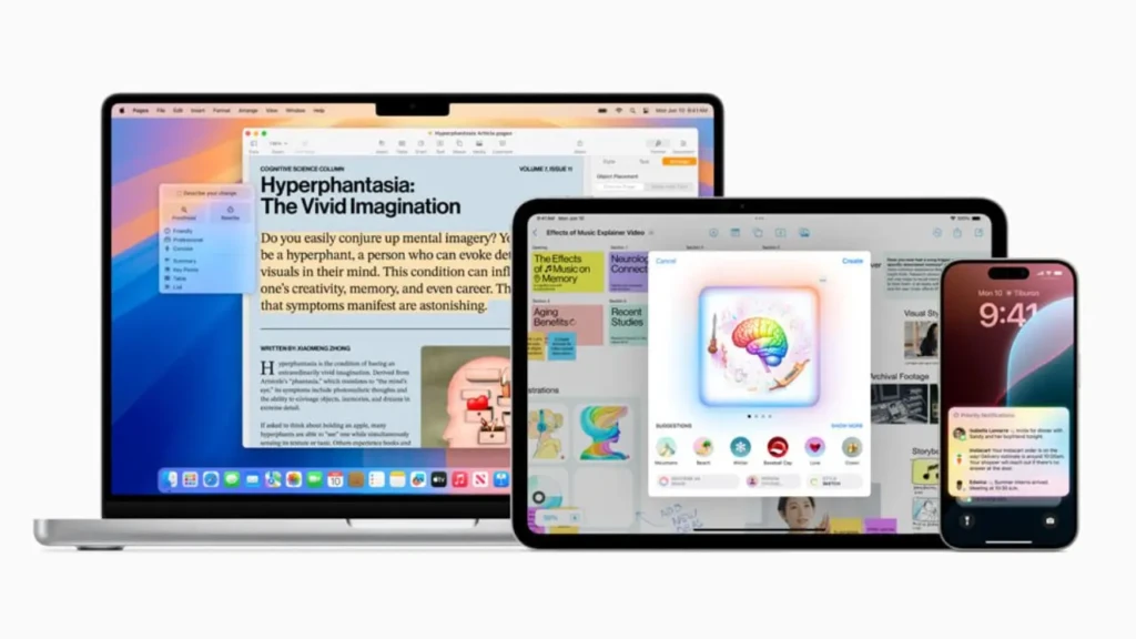 A multi-device showcase featuring a MacBook, iPad, and iPhone side by side, each running macOS/iPadOS/iOS with overlapping windows, document editing, AI-powered suggestions, and notifications, highlighting unified workflows, intelligence, and ecosystem integration in Sequoia.