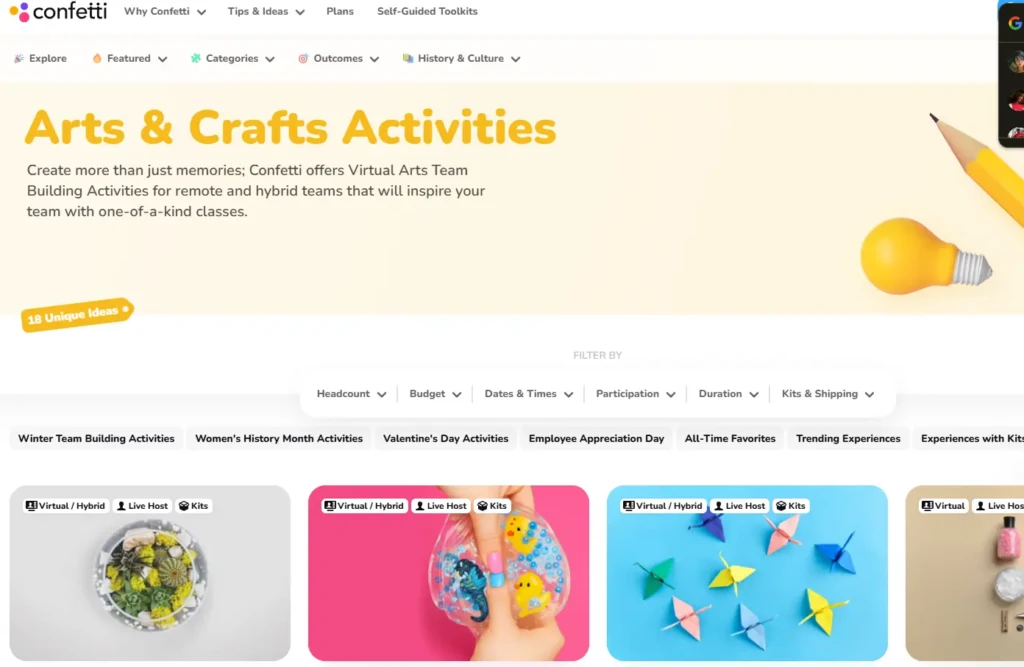 The Confetti “Arts & Crafts Activities” category page, featuring the headline “Create more than just memories,” a filter bar, and a grid of experience cards including succulent planting, sensory kits, and origami, highlighting virtual and hybrid team-building options for remote and hybrid teams.