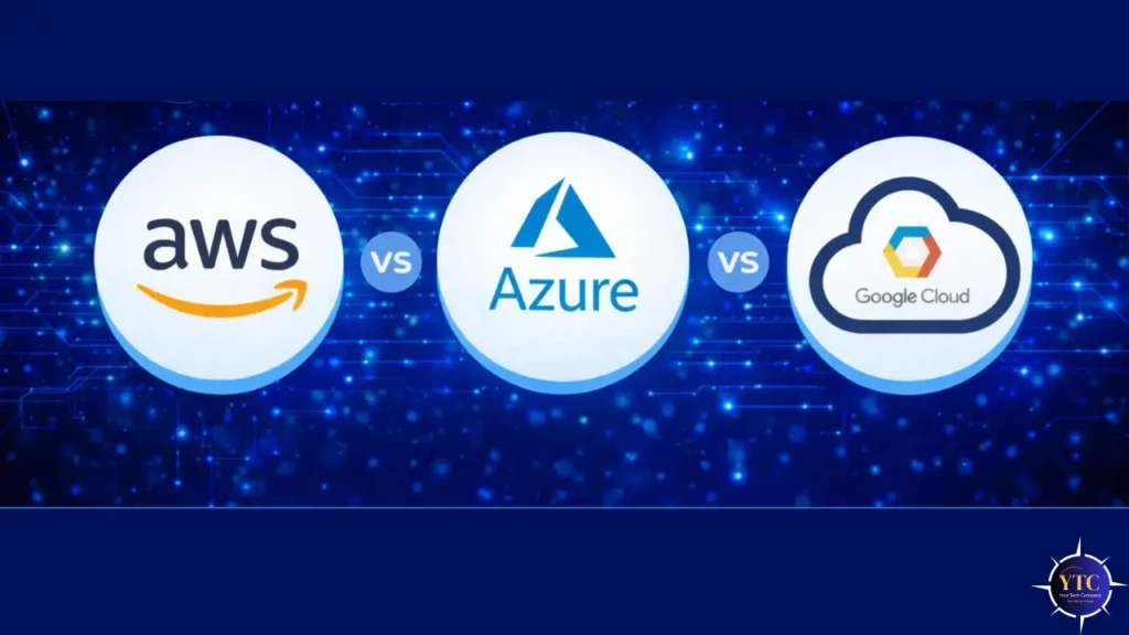A comparative graphic showing the logos of AWS, Azure, and Google Cloud in white circles, separated by “vs” icons, against a blue circuit-pattern background, emphasizing a head-to-head analysis of the three major cloud service providers.