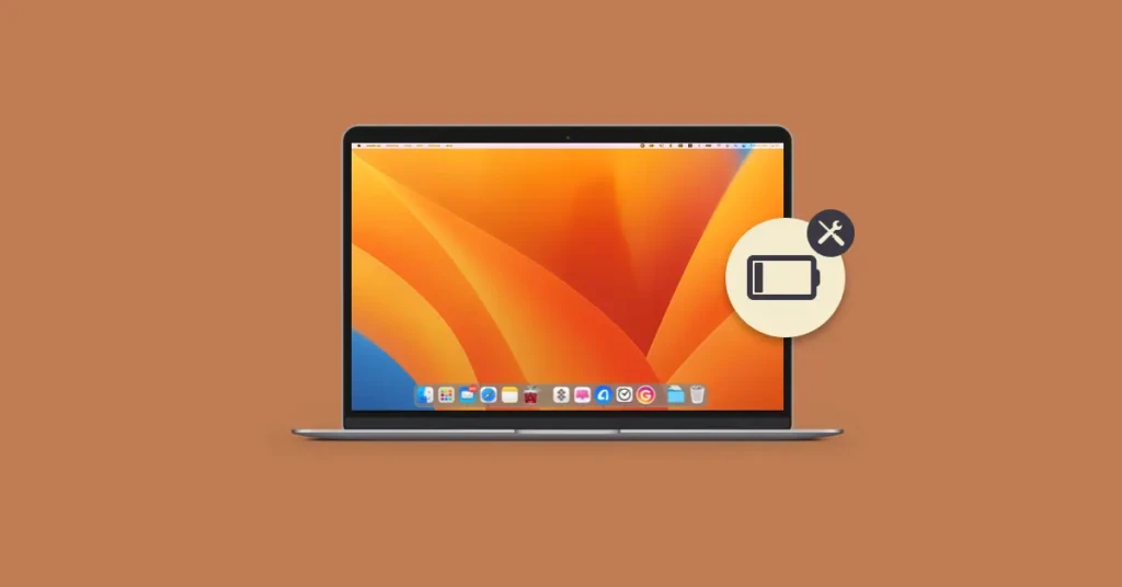 A MacBook on a terracotta background with the macOS Ventura wallpaper, overlaid by a circular icon showing a battery symbol with a wrench, visually representing system maintenance, battery health checks, or repair guidance for macOS users.