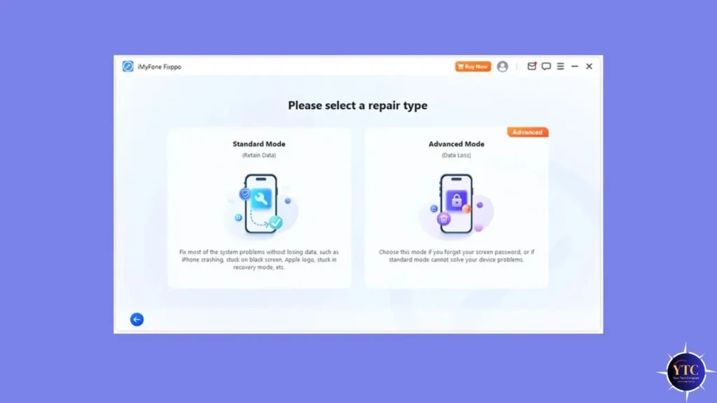 The iMyFone Fixppo software interface prompting the user to “Please select a repair type,” offering two options: “Standard Mode (Retain Data)” for fixing issues like crashing or black screen without data loss, and “Advanced Mode (Data Loss)” for password recovery or when standard mode fails, presented on a clean light-blue background.