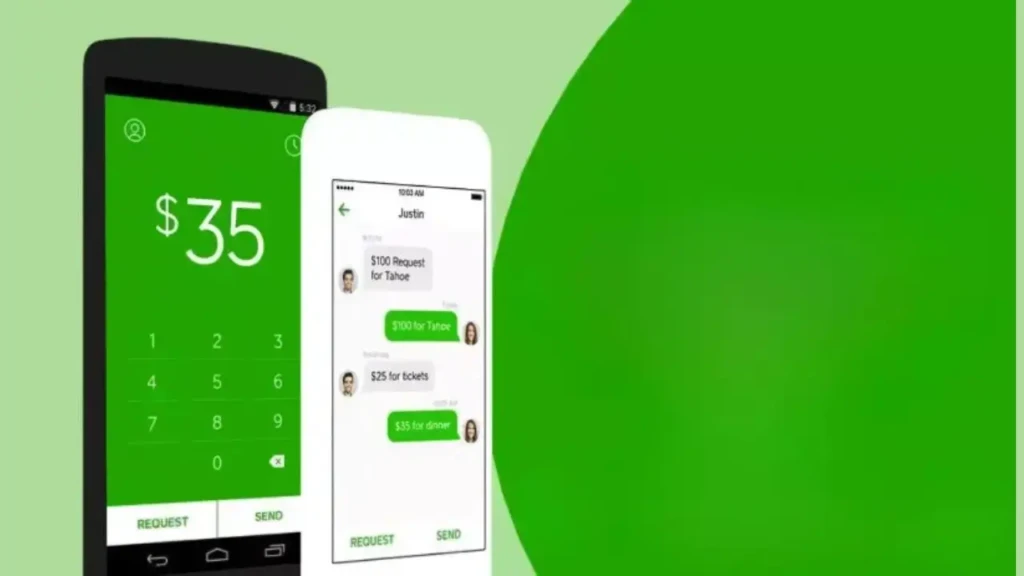 Two smartphones side by side against a green background: the left shows Cash App’s green keypad with “$35” entered, and the right displays a chat with “Justin” showing requests and payments like “$100 for Tahoe” and “$35 for dinner,” illustrating seamless peer-to-peer money requests and transfers.